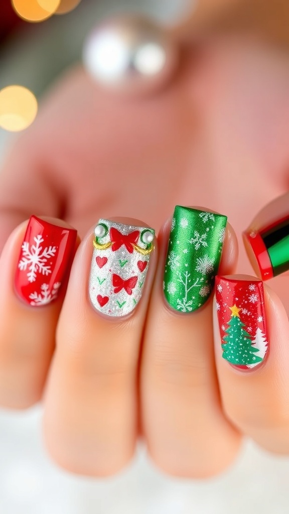 Close-up of short acrylic square Christmas nails with festive designs in red and green.